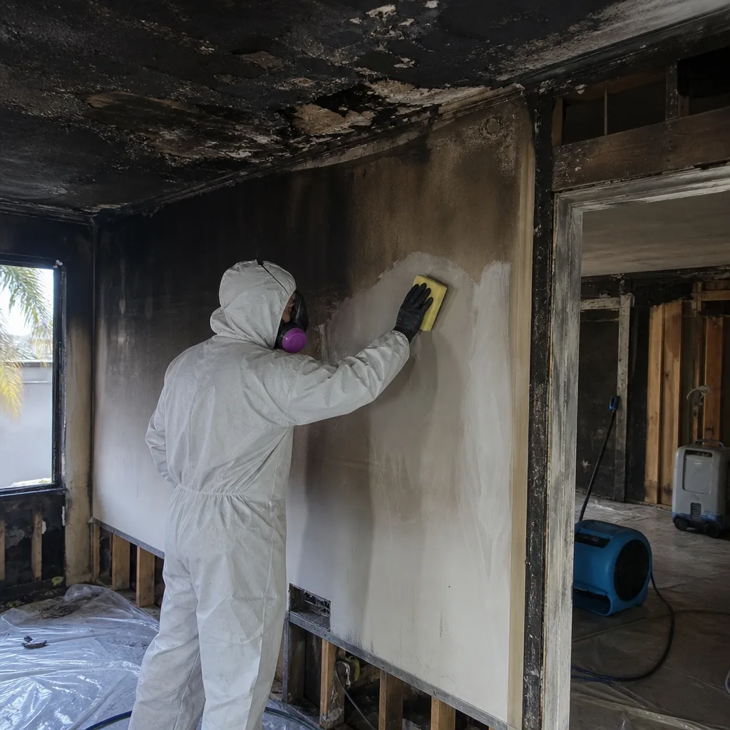 Technician in protective suit cleaning soot from fire-damaged wall