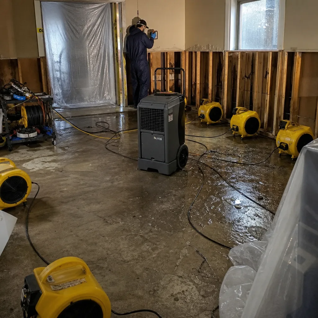 Water damage restoration technician using professional drying equipment on a wet floor